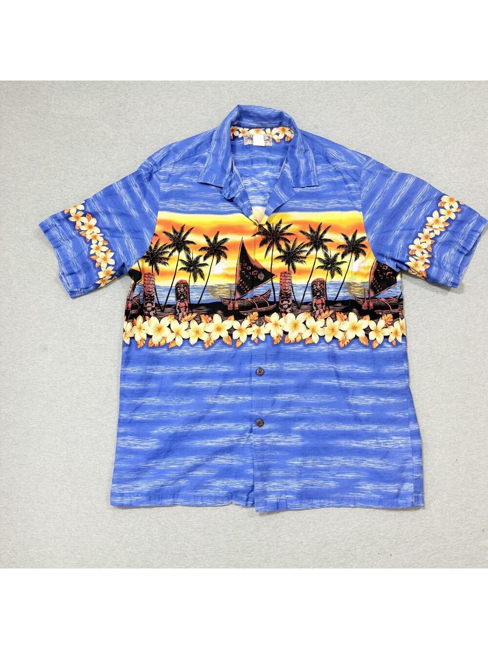 Blue Hawaii Hawaiian Islands Tiki Heads Water & Flowers Shirt Large‎ Vintage